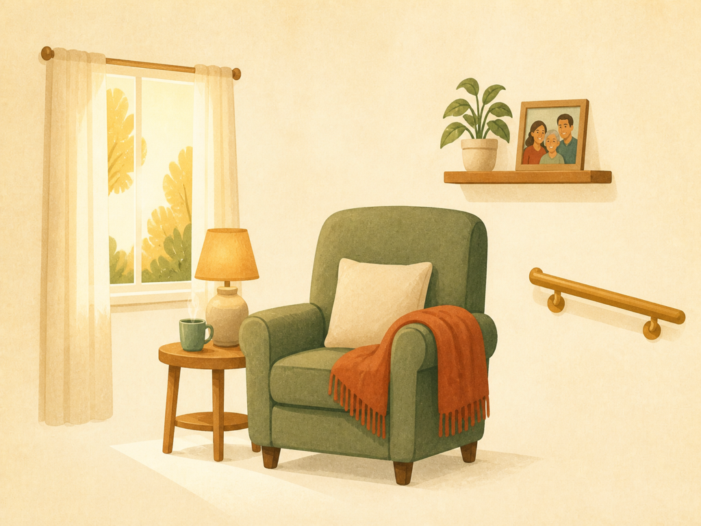 Illustration of a cozy armchair by a sunny window with personalized home touches