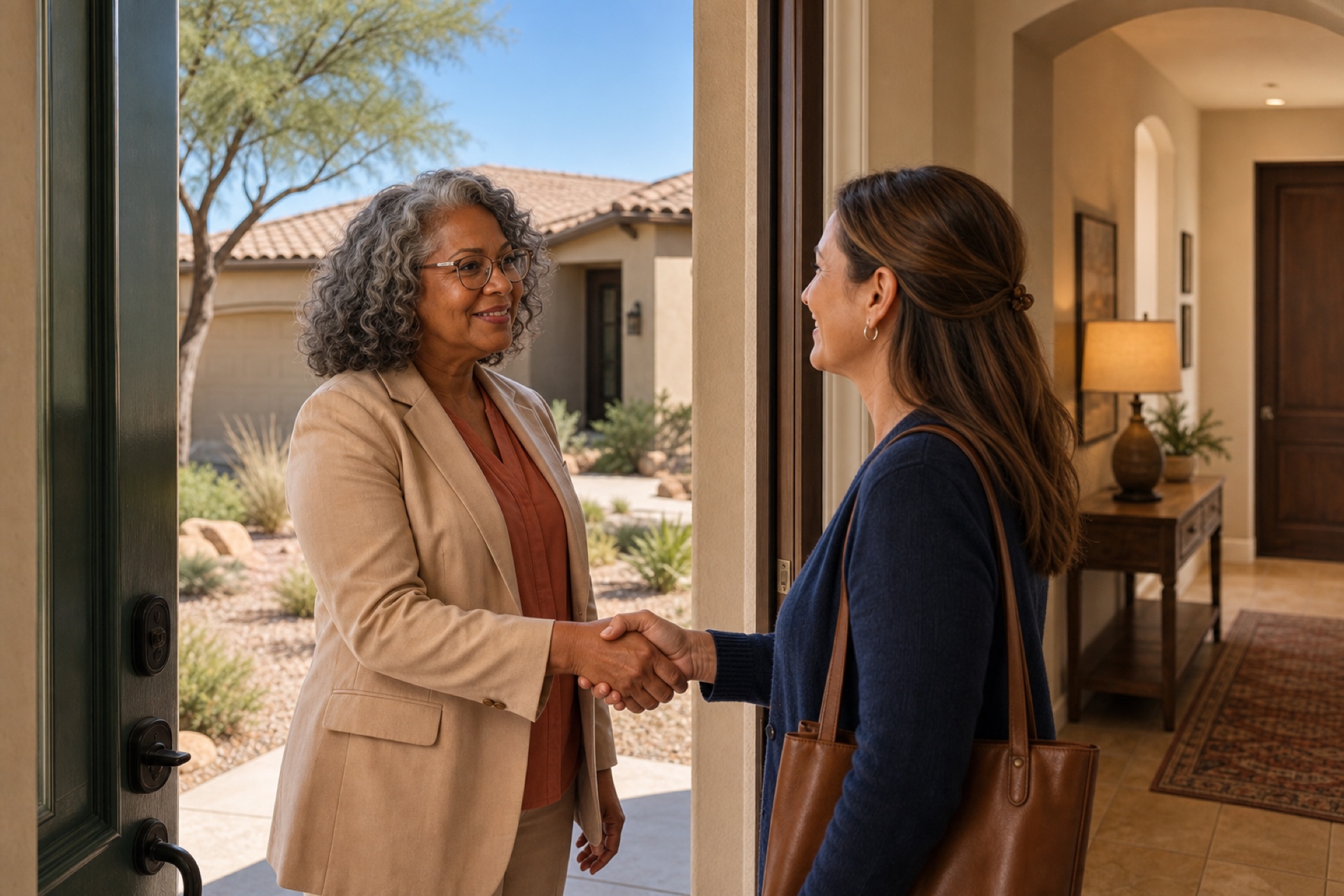 Care director welcoming a family member at the door for a consultation visit