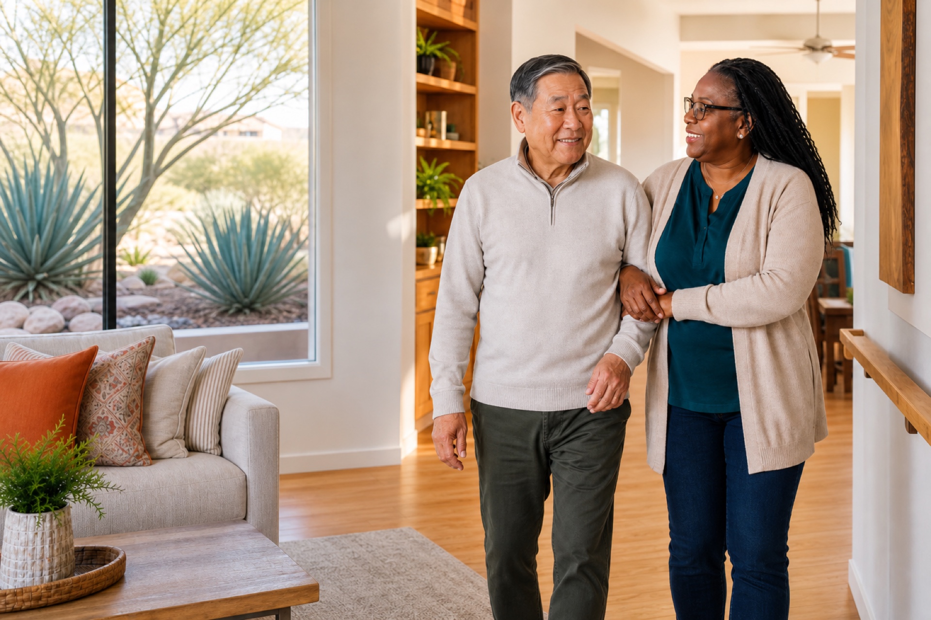 Caregiver walking arm-in-arm with a senior resident in a bright, welcoming home