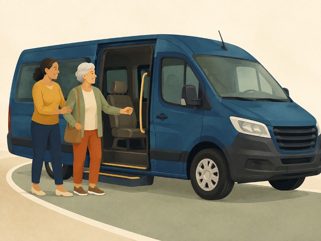 Caregiver assisting a senior boarding an accessible passenger van