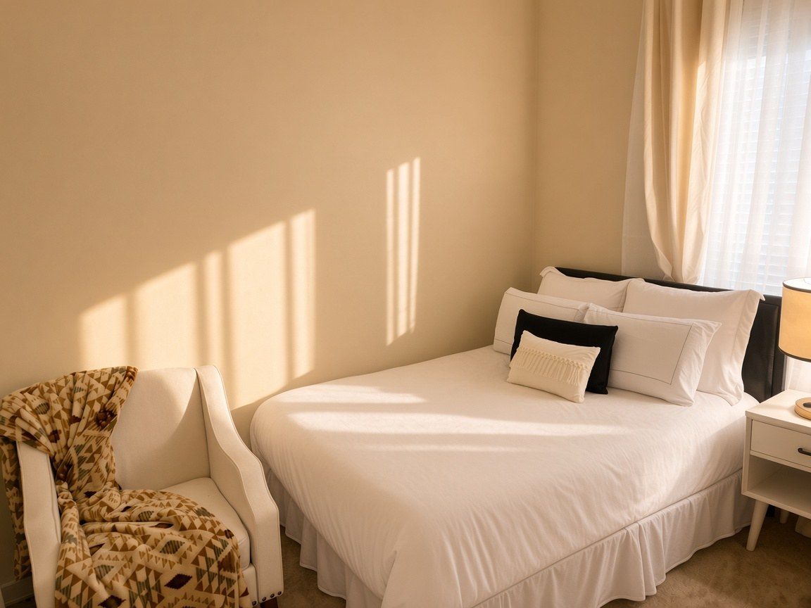 Warm, modern bedroom at Penda Home Care on W. Santa Monica Drive