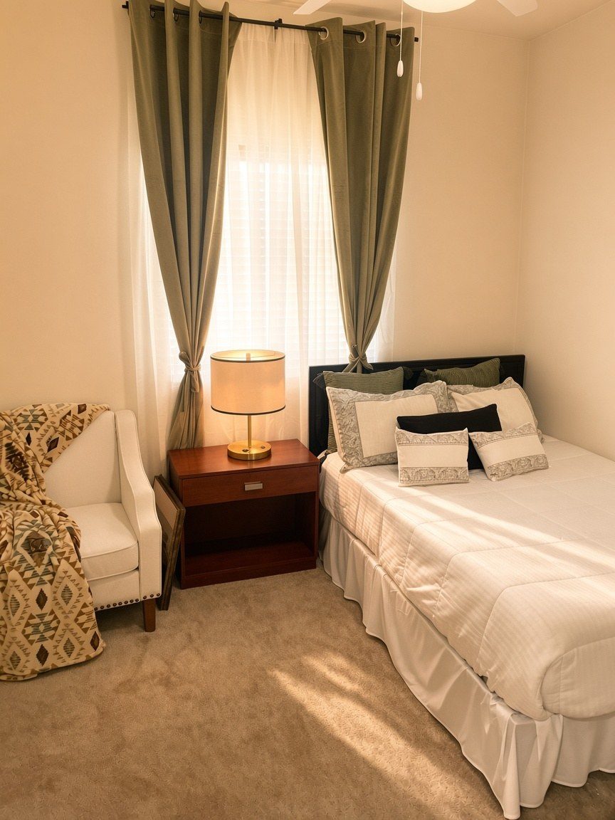 Cozy bedroom corner with reading chair and window light at the Santa Monica Drive home